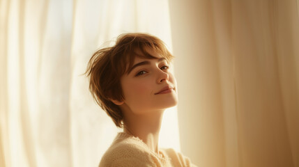 A thoughtful woman with short hair and a gentle smile gazes off to the side in a bright space, expressing tranquility, mindfulness, and effortless grace relaxed pose, serene expres