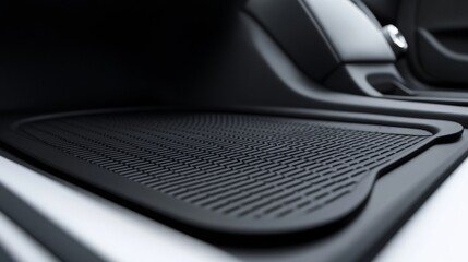 A close-up view of a textured black rubber car mat in a modern vehicle. This mat offers durability and protection for vehicle interiors. Designed for functionality and style. Generative AI