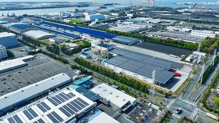 Aerial view of an industrial area lined with factories