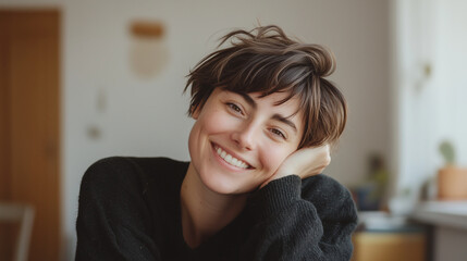 A happy woman with short hair rests her head on her arm while smiling warmly in a bright, minimalist space, embodying calm happiness and friendly openness friendly portrait, casual