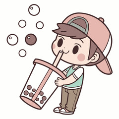 Cute Boy Drinking Bubble Tea