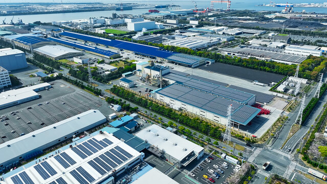 Aerial view of an industrial area lined with factories