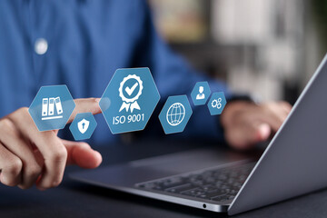 ISO 9001 Standard certification standardisation quality control concept. Quality management of...