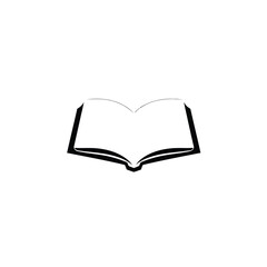 An open book icon, solid black silhouette, vector style, centered on a white background. Emphasis on balance, symmetry, and visual clarity for a clean, minimal, educational aesthetic