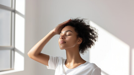A serene woman stands against a white background with her eyes closed, gently raising her hand to her forehead, basking in soft natural light and embracing a moment of calm peacefu