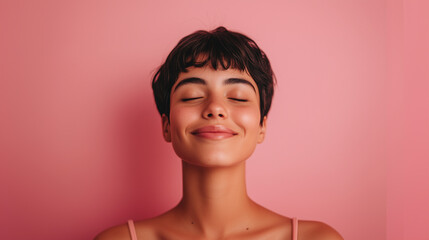 A woman with short hair and a soft smile poses against a pink backdrop, her eyes closed in a moment of blissful joy, capturing warmth and peaceful self-confidence happy woman, pink