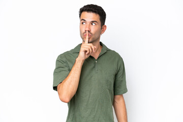 Young handsome man over isolated white background showing a sign of silence gesture putting finger...