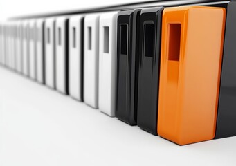 Row of black and white file folders with one orange standout on white background, close-up 3D render concept of organization, document management and business uniqueness