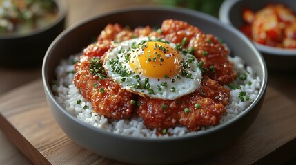 Korean Fried Chicken Rice Bowl with Sunny Side Up Egg
