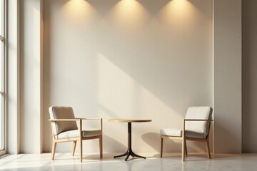Serene Minimalist Interior Design with Natural Light and Wooden Accents Featuring Two Comfortable Armchairs and a Round Table