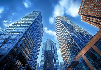 Obraz premium Modern cityscape with tall skyscrapers and blue sky, wide-angle low-angle view of business buildings in urban center