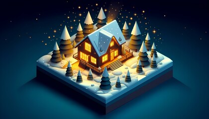 Cozy Cabin in Snowy Pine Forest at Night