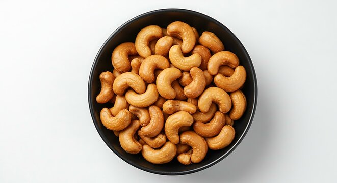 Top view of roasted cashew nut in salt in black bowl white background. Brazilian food