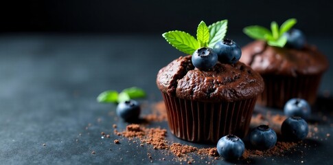 Delicious chocolate muffin topped with blueberries and fresh mint leaves.