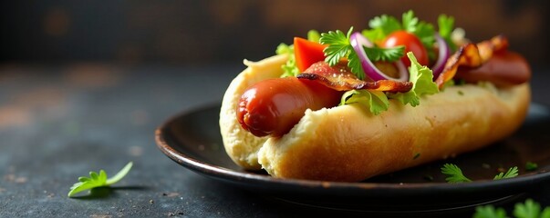 Delicious hot dog topped with bacon, lettuce, tomatoes, and onions on a rustic plate.