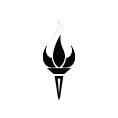 Geometric, black silhouette flame torch logo icon, vector style, clean lines, symmetrical design, isolated centrally on a white background, in a minimalistic bold branding style