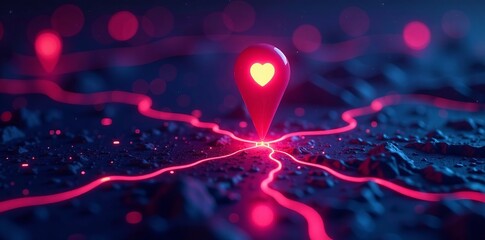Digital map pin with a heart symbol, glowing neon effect on a dark background.