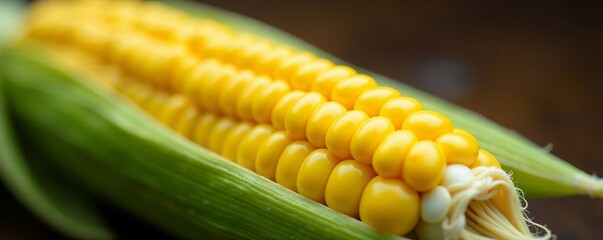 Fresh, ripe ear of corn showcasing vibrant yellow kernels and green husk.