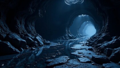 Mystical cave with a mysterious river and shafts of light illuminating the dark space.