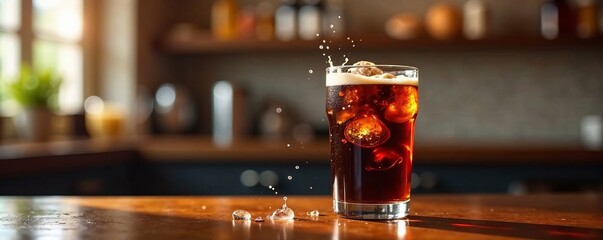 Refreshing glass of cola with ice cubes splashing in a cozy kitchen setting.