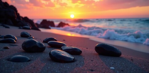 Serene beach at sunset with smooth stones and gentle waves reflecting vibrant colors.