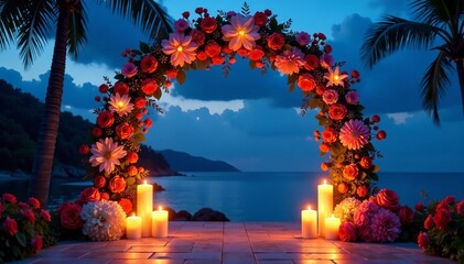 Romantic floral archway with candles, set against a serene beach at twilight.