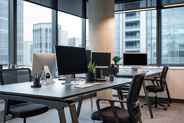Fototapeta premium Modern Workspaces Featuring Desktops on Stylish Desks for Enhanced Productivity