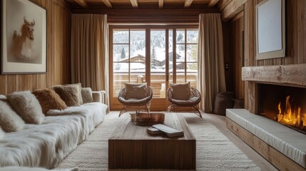 Fototapeta premium Cozy mountain chalet living room with fireplace and stunning views