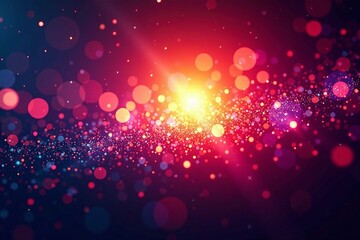 Vibrant abstract background with glowing particles in red and blue hues.
