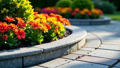 Vibrant flowers surround a beautifully curved stone pathway in a serene garden.