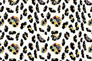Vibrant leopard print pattern with colorful spots on a white background.