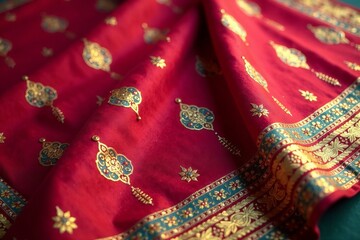Vibrant red fabric featuring intricate gold patterns and traditional designs.