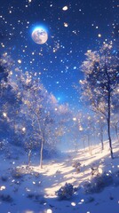 Naklejka premium Snowy Night with Full Moon and Trees