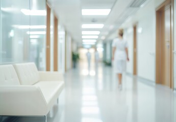 Blurred hospital corridor with white sofa and medical staff in background, clean modern interior with copy space for banner design, healthcare concept in real photo style