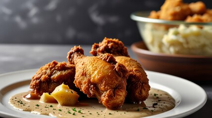 Delicious fried chicken served with gravy and mashed potatoes on white plate. Crunchy, golden brown breaded meat with gravy sauce and potato mash meal.