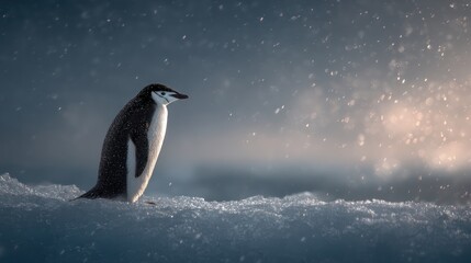 Obraz premium Solitary penguin stands on a snowy landscape under a softly falling snowfall.