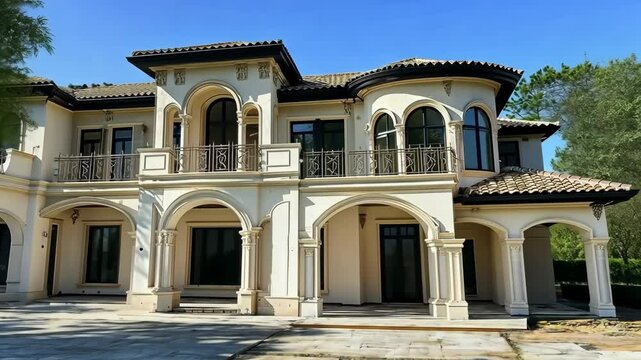 A large, white two-story house with Spanish-style columns and a tiled roof. Generative 4k video.