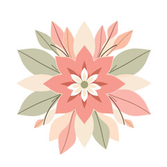 Geometric, symmetrical logo design. Abstract floral cluster in coral pink and sage green. Minimalist style on a white background, showcasing modern botanical composition