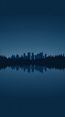 Fototapeta premium Silhouetted city skyline reflected on calm lake at dusk