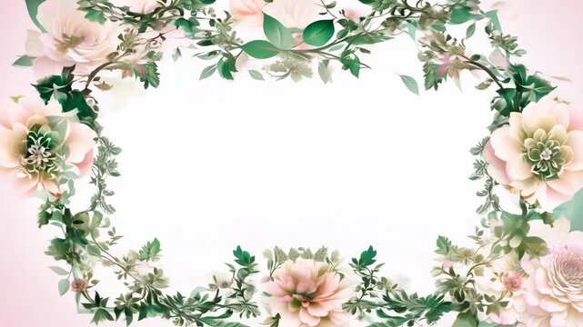 A floral frame with pink and green leaves creates a natural blossom border design