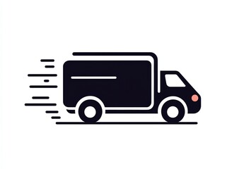 Black vector icon of delivery truck with motion lines symbolizing fast shipping service on white background