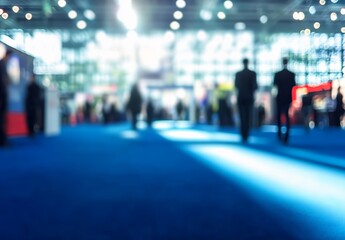Abstract blurred background of international industrial exhibition with booth displays and visitors on blue carpet floor in modern indoor space