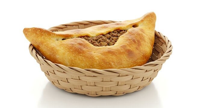 meat sfiha esfiha of arabic origin traditionally adapted for brazilian cuisine in the basket on white background Brazilian food white food background. Brazilian food