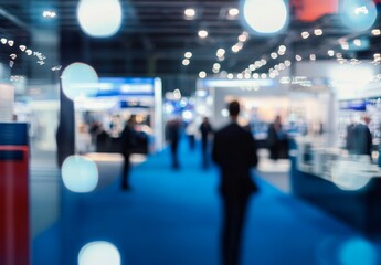Abstract blurred background of international industrial exhibition with booth displays and visitors on blue carpet floor in modern indoor space