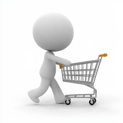 Minimalist 3D cartoon character pushing shopping cart in white and gray tones, simple clean design on white background