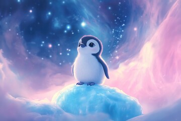 An adorable baby penguin stands on a piece of ice, gazing at a dreamy, starlit sky.