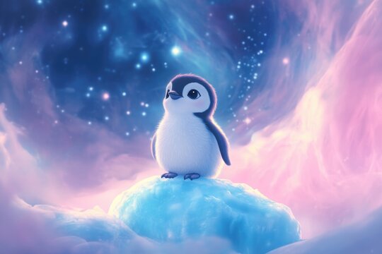 An adorable baby penguin stands on a piece of ice, gazing at a dreamy, starlit sky.