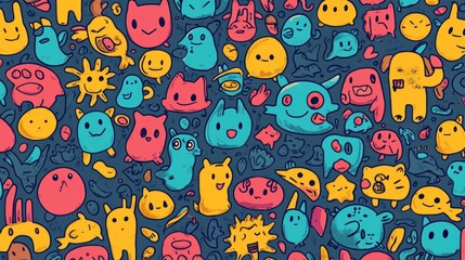 Naklejka premium Seamless pattern featuring an array of whimsical cartoon characters
