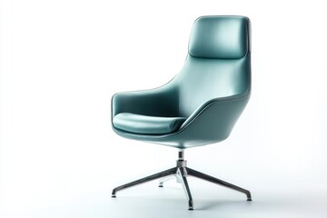 Modern teal leather swivel chair with a chrome base, offering comfort and style.