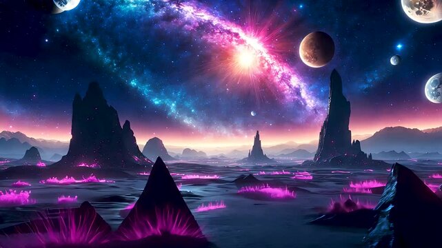 Surreal alien world with glowing terrain, distant planets, and colorful galaxy sky